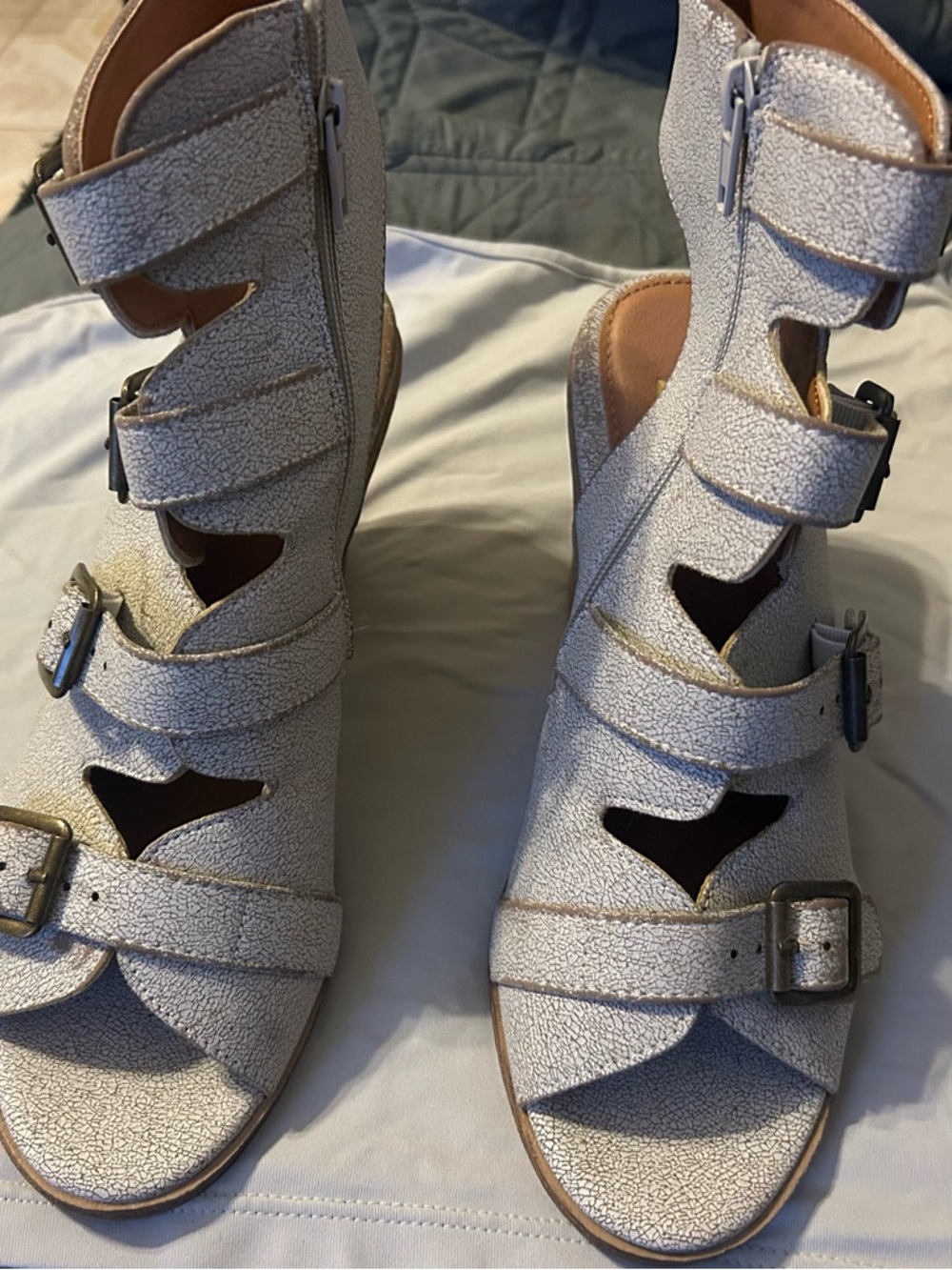 Strappy Metallic Ivory Buckle Heels for Women